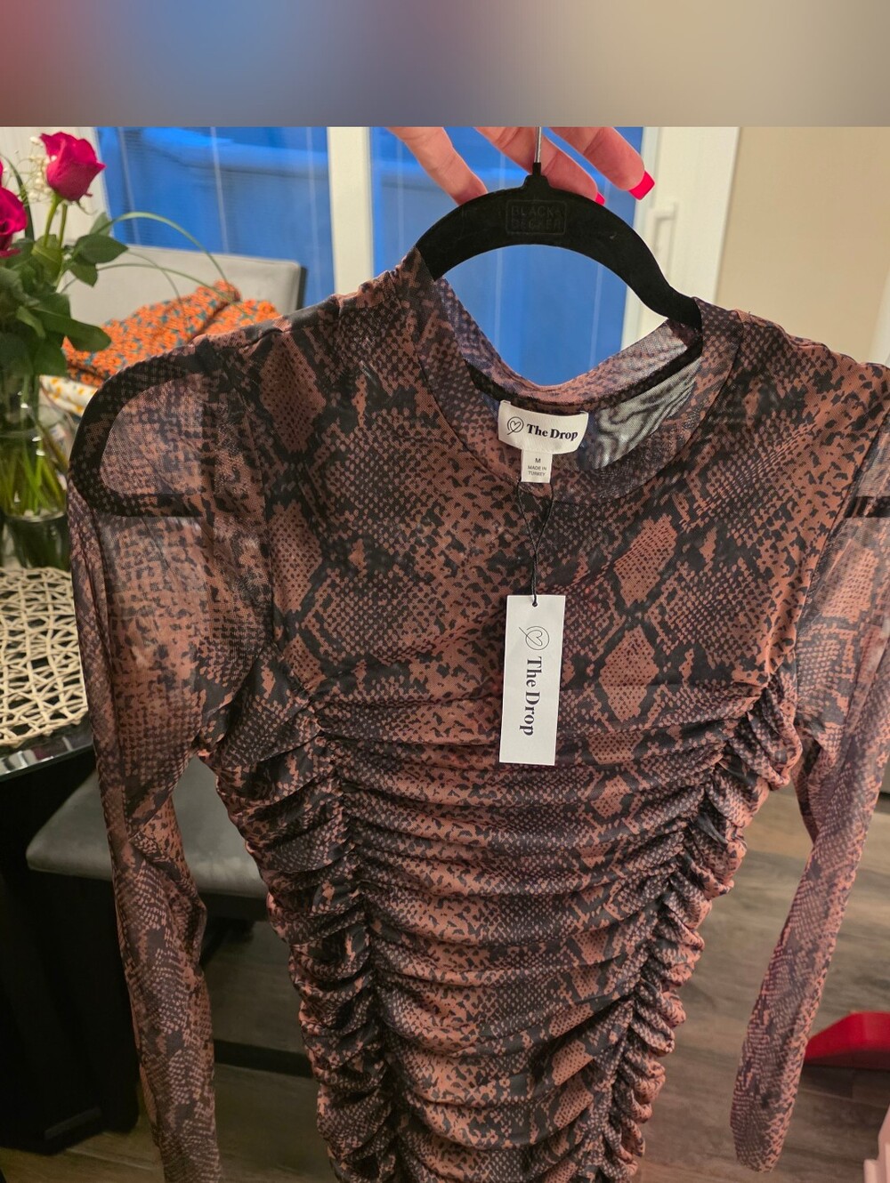 The Drop Women's Ruched Snake-Print Long Sleeve Dress - Brown/Black - Picture 4 of 5